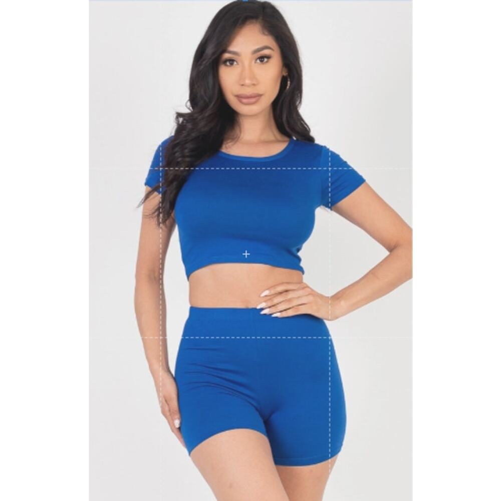 Solid Active Short Sleeve Crop Top Shirt & Biker Shorts Set